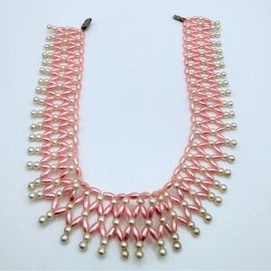 Vintage Japan Pink Beaded Choker Necklace 14” Signed Net Weave